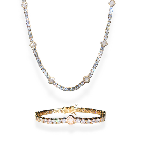 Clover Tennis Chain & Bracelet Set - Gold/Pearl