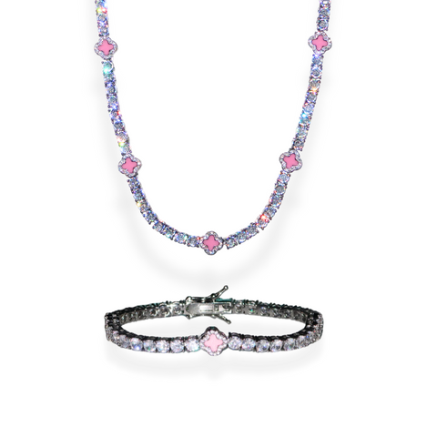 Clover Tennis Chain & Bracelet Set - Silver/Pink